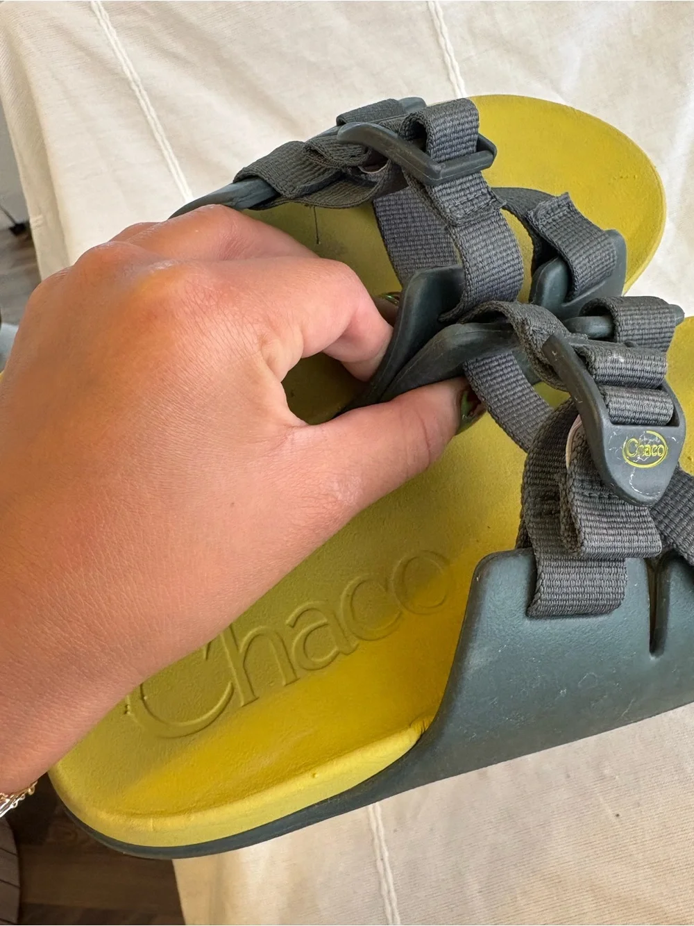 Chaco‎ Kids Olive Green Footbed with Dark Gray Straps Slide Sandals
